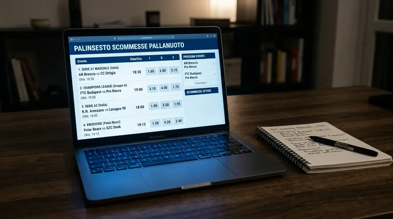 Schermo di laptop che mostra il palinsesto pallanuoto di un bookmaker ADM